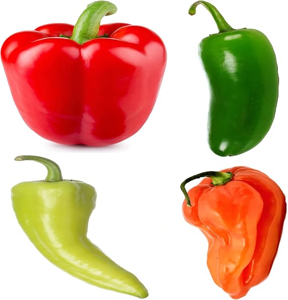 Spicy and Sweet Pepper Seeds Collection, 200 Seeds, 4 Heirloom Non-GMO Varieties. (Capsicum annuum) Big Red Sweet Bell, Green Hot Jalapeno, Orange Hot Habanero, Yellow Sweet Banana Peppers.