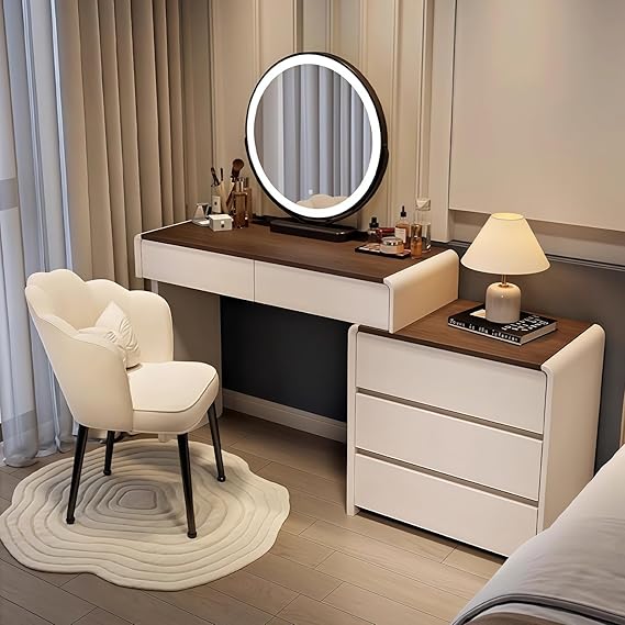 39.4in Dressing Table Set with LED Mirror and Chair | L-Shaped Makeup Table with Reversible Side Cabinet, Large Vanity Desk with 5 Drawers, Vintage Wood Grain Tabletop for Bedroom