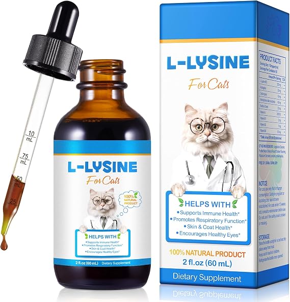 L-Lysine for Cats, L-ysine Supplement for Cats, Cat Lysine Drops, 60ML Drops for Respiratory, Sneezing, Runny Nose, Eye Function, Immune Support, Allergy Relief for Kittens