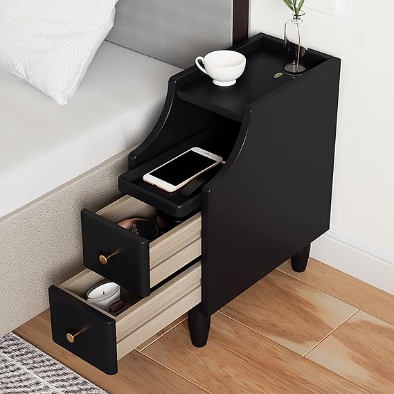 8in Narrow Nightstand, Solid Wood Bedside Tables, Bedside End Table with Storage Drawer, Small Nightstand (Color : Black)