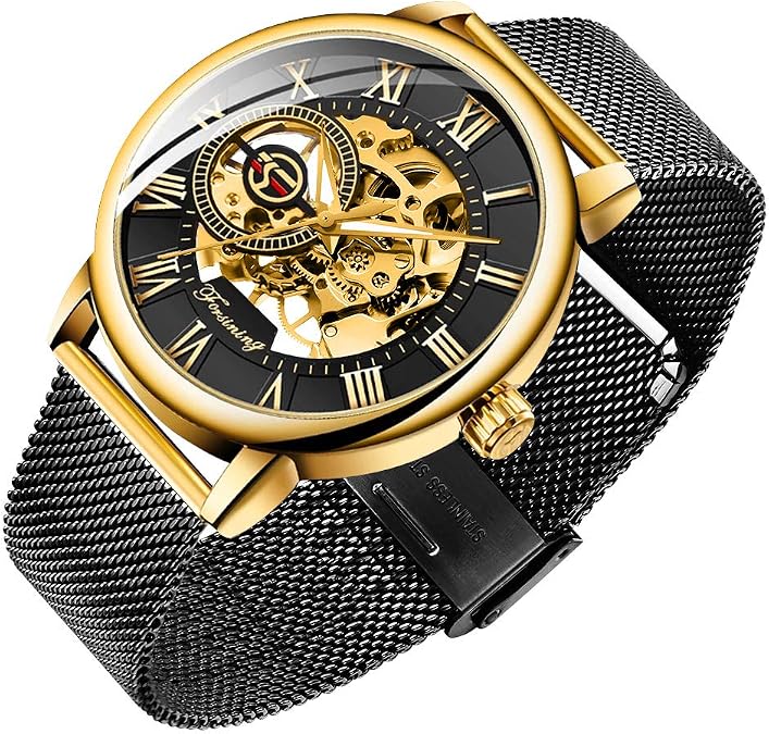 Men's Skeleton Watch Classic Roman Numeral Steampunk Mechanical Watch Hand-Wind Mens Watches (Blue)