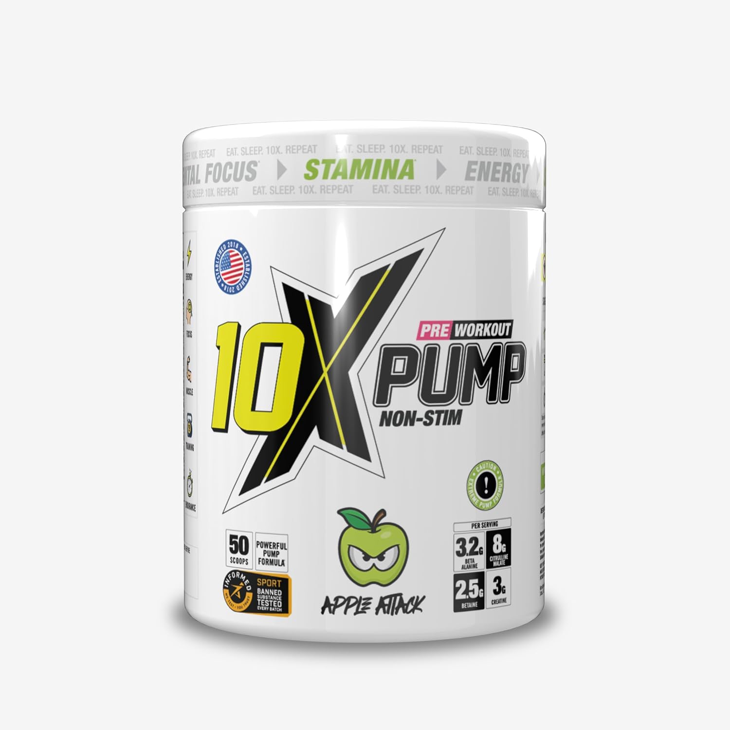 10X Athletic Non Stim Pre Workout Pump No Caffeine Beta Alanine Creatine Sugar Free Vegan Low Calorie Various Flavours 600g 2550 Servings Apple