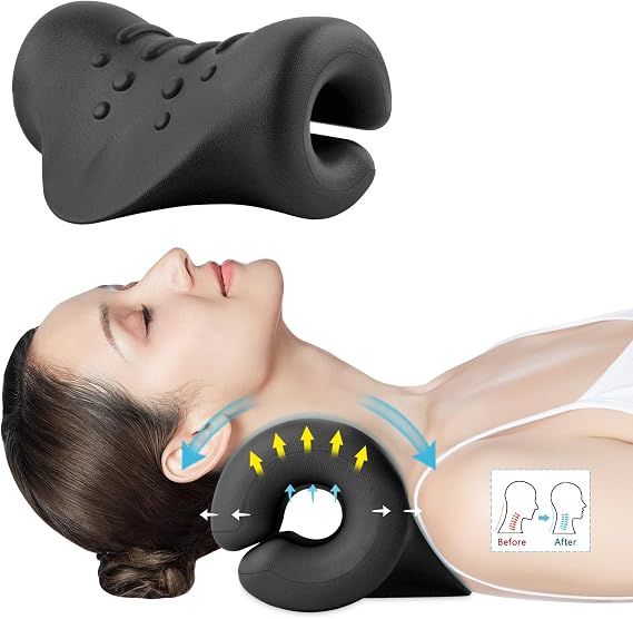 Neck Stretcher for Neck and Shoulder Pain Relief, Cervical Traction Device for TMJ Support, Ergonomic Neck Stretching Pillow, Black