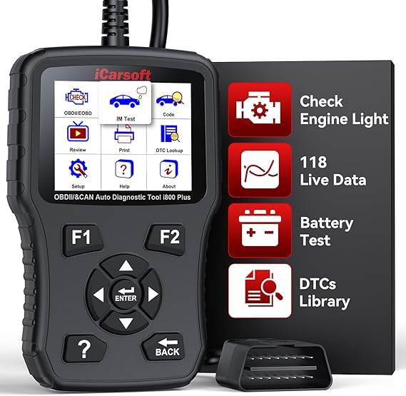 iCarsoft i800 Plus OBD2 Scanner Diagnostic Tool with Component Test/118 Live Data/Reset CEL/Battery Test/Freeze Frame/VIN, Code Reader for All Cars Full OBD2 Functions, Fuel System Scan Tool para Auto