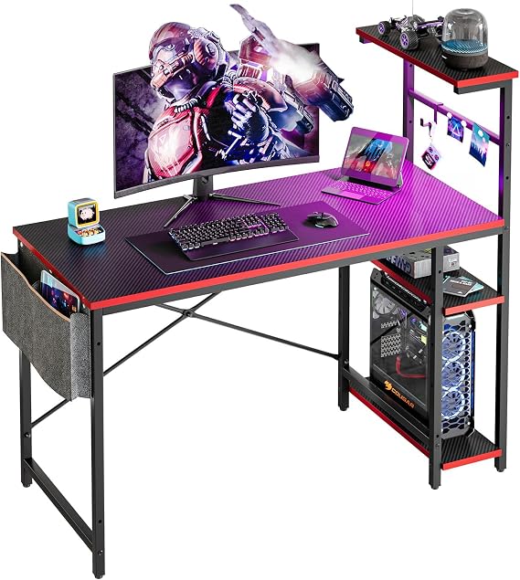 Bestier 44" Gaming Desk with LED & Storage,Gamer Desk, Carbon Fiber Black | Scratch-Resistant Laminate & Steel, 44" Desktop, X-Bar Frame with Foot Rest, 150 lb Capacity, Home Office & Game Room Ready