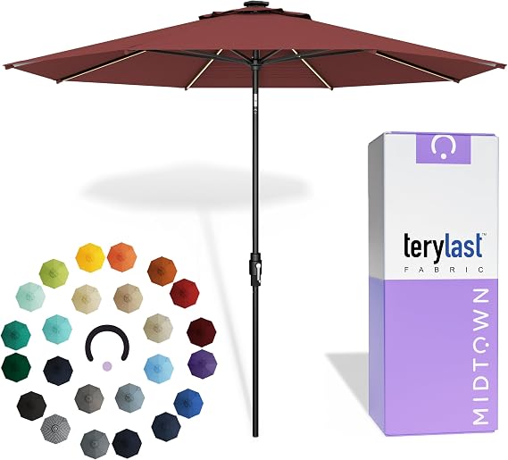 Midtown Umbrellas The LED Swilt 8 Ft Patio Umbrella with Solar LED Ribs, Swivel & Tilt Mechanism and Terylast Fabric Outdoor Umbrella for Deck, Pool & Porch Apple Canopy, Black Pole