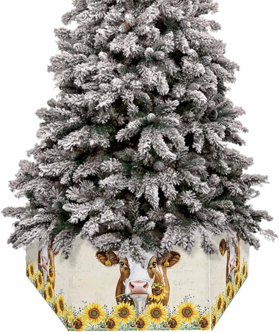 Farmhouse Cow Christmas Tree Collar Tree Box Stand Cover,Vintage Country Sunflower Botanical Beige Artificial/Pencil/Silm/Skinny Trees Ring 6 Packs Collapsible Trees Skirt for Xmas Decor,17"x10"