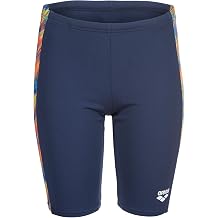 ARENA Performance Boys' Junior Draft Swim Jammer Youth Trunks Internal Drawstring Training Bathing Suit Regular Frequent Competitive Swimmer, Navy Blue/Orange Multi, US Size 10-12 Jr/28