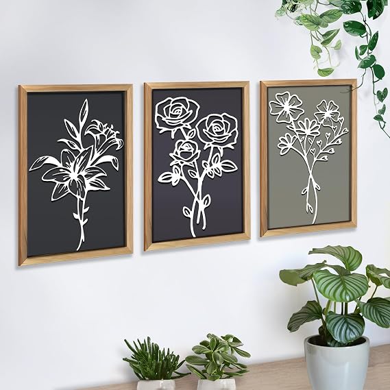 Meltset M Set of 3 3D Wooden Floral Wall Art, 11x15 Framed Botanical Decor - Rustic Flower Shadow Box Plaque, Boho Farmhouse Wall Art for Living Room Bedroom (Sage Green/Black/Grey)