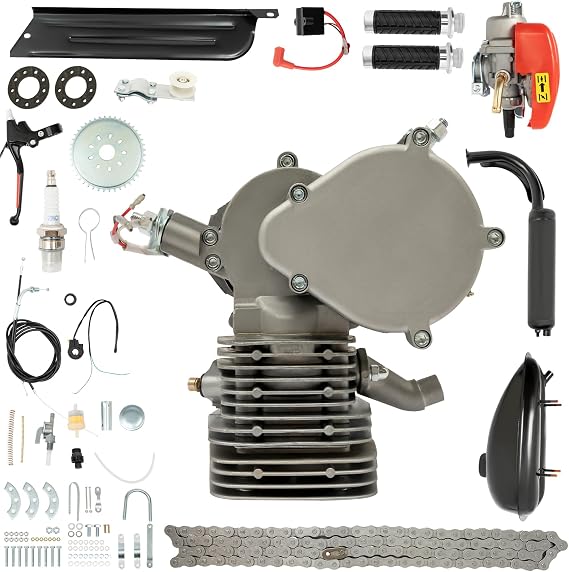 Upgrade 110CC Bicycle Engine Kit 2 Stroke Motorized Bike Kit Gasoline Powered Engine Motor Kit with CDI System Foot Pedal Start Bike Kit for 26/28" Bikes (Silver)