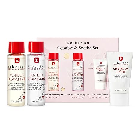 Erborian Centella Routine Travel Kit with Facial Cleansing Oil Makeup Remover 1 fl oz, Facial Cleansing Gel 1 fl oz & Face Moisturizer Cream 20 ml - Skin Care for Hydrated & Fresh-Looking Skin