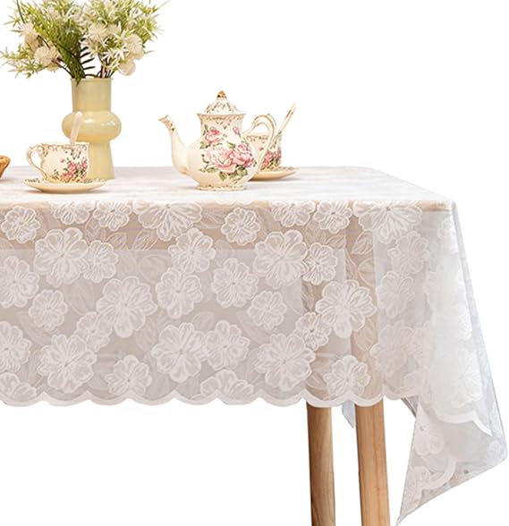 Jayla White Lace Tablecloth 54 X 108 Inches Rectangle Camellia Flower Embroidered Wedding Table Cloths for Outdoor Party Reception, Dinner Party, Baby Shower, Tea Decorations, Home Decor