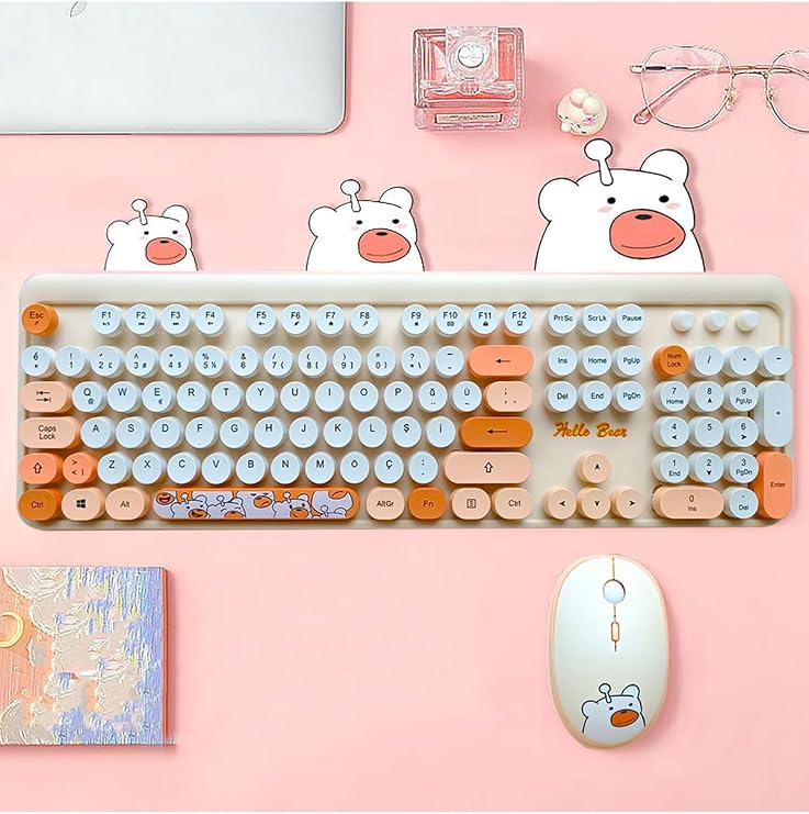 Microcase Mofii Ayıcık Desenli Kablosuz Renkli Yuvarlak Tuşlu Türkçe Klavye Mouse Set, Bej