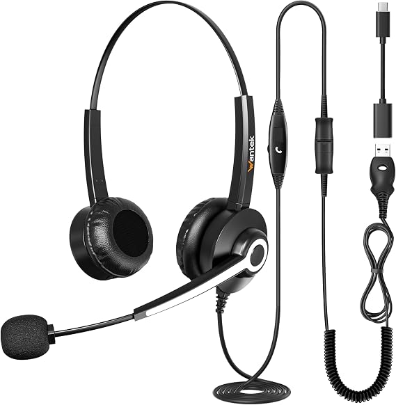 Wantek USB Headset with Microphone for PC Laptop Office USB Plug Type-C Adapter for Call Center Online Conferences Teams Meeting Skype Zoom Home Office Online Courses