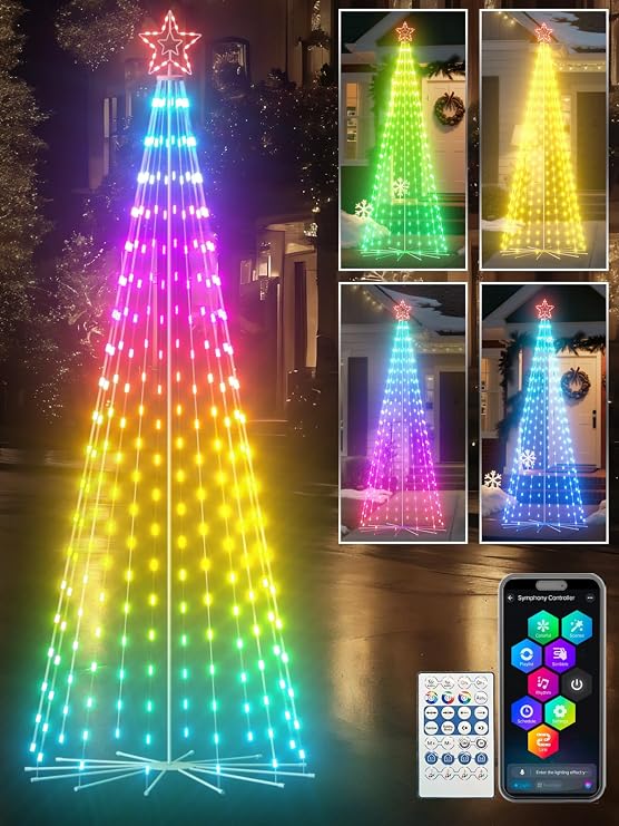 12ft Smart Outdoor Lighted Metal Christmas Tree with Iron Base, 16 Mil Color Changing, Music Sync, Timer, Group Control, RGB Led Christmas Decorations for Indoor Outdoor