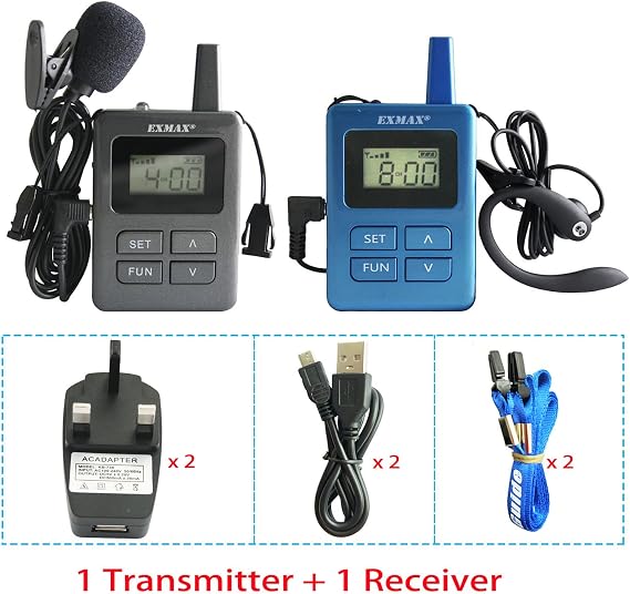 EXMAX ELGT-470-490mHz Portable Wireless Tour Guide System Whisper Microphone Headsets 100 Channels for Summit,Simultaneous Interpreting,Conference,Travel,Exhibition(1 Transmitter & 2 Receivers)