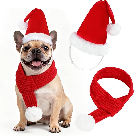 YUEPET 2PACK Adjustable Dog Christmas 3D Santa Hat & Scarf Set, Soft Pet Christmas Holiday Costume Outfit, Red Knitted Scarf with White Pompom Ball for Small Medium Large XL Dogs（M）