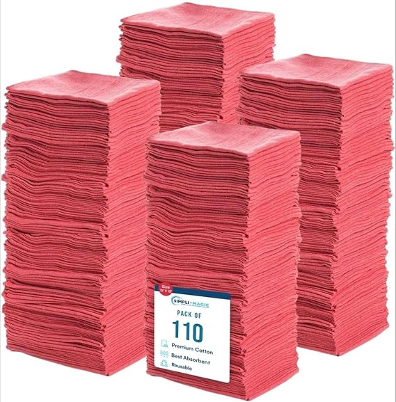 Simpli-Magic Cotton Shop Towels 14"x12" (110 Pack) Reusable Cleaning Shop Rags for Automobiles, Industries, Garage and Homes (Red)
