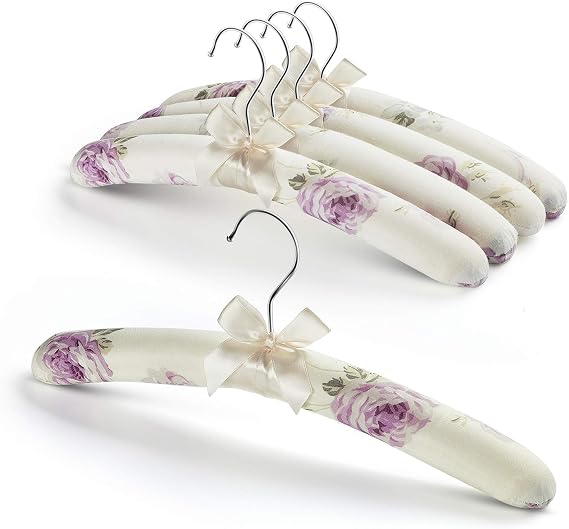 Satin Padded Clothes Hangers Pack of 5, Floral Foam Coat Hanger | No Bump, Fits Sweater, Wedding Gown, Women Clothing, Adult Closet, Thick Foam, Wide Shoulder, Soft Touch