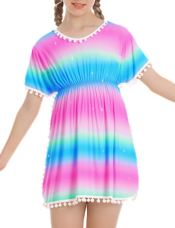 Girls Swim Cover Up Size 5-6 Years Old Pink Green Gradient Short Sleeve Beach Bathing Suit Wraps