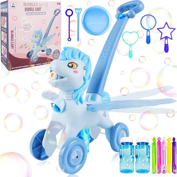 Bubble Machine Blower Blaster Lawn Mower Maker Blue Toy Fun Portable Handheld Operate Automatic Battery Electric Outdoor Summer Birthday Best Gift Light for Boy Girl Kid 3-12 Year Old