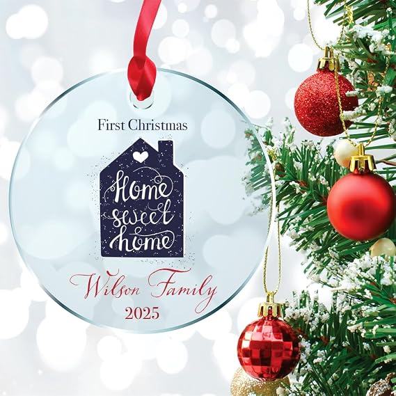 Personalized Christmas Ornament, Custom Engraved Beveled Glass, First Christmas Together, Married or Engaged, Year (Design 3)