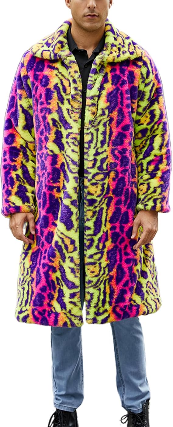 SANSIWU Men's Leopard Print Fluffy Faux Fur Coat,Long Sleeve Zebra Long Thicken Soft Jacket Mens Winter Warm Faux Fur Overcoat
