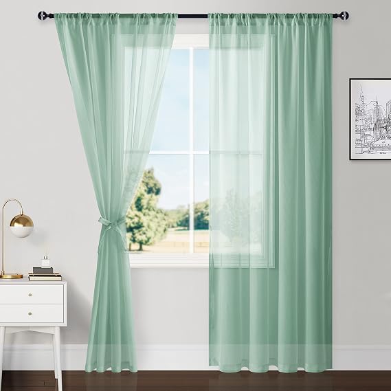 Sheer Curtains for Living Room Bean Green, W52 x L84, 2 Soft Panels | Airy Breathable Voile Textured Drapes with Tieback Light Filtering Window Curtains for Bedroom, Kids' Room