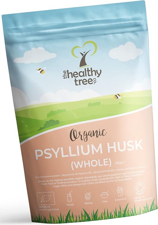 TheHealthyTree Company Organic Psyllium Husk, Whole, 250g | Organic, vegan, whole psyllium husk, high fibre prebiotic, 250g