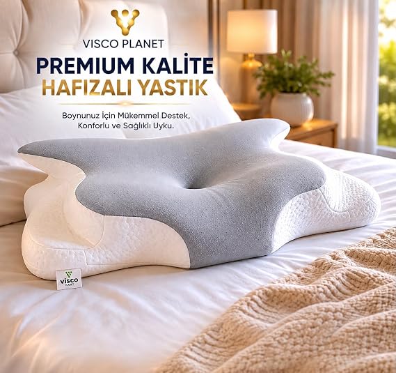 Visco Planet Ortopedik Visco Boyun Yastığı Memory Foam Boyun Destekli Ergonomik Uyku Yastığı 62x42x13/10 cm