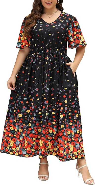 Nemidor Women Plus Size Casual Boho Maxi Dress Flared Pocket
