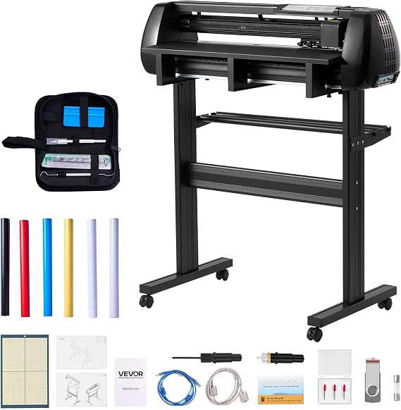 VEVOR Vinyl Cutter Machine, 28 inch Max Feed Width, Dual Blades, Adjustable Force and Speed, LED Display, Vinyl Plotter Cutter Printer Bundle with Sticker Sheets, Transfer Film, Signmaster Software