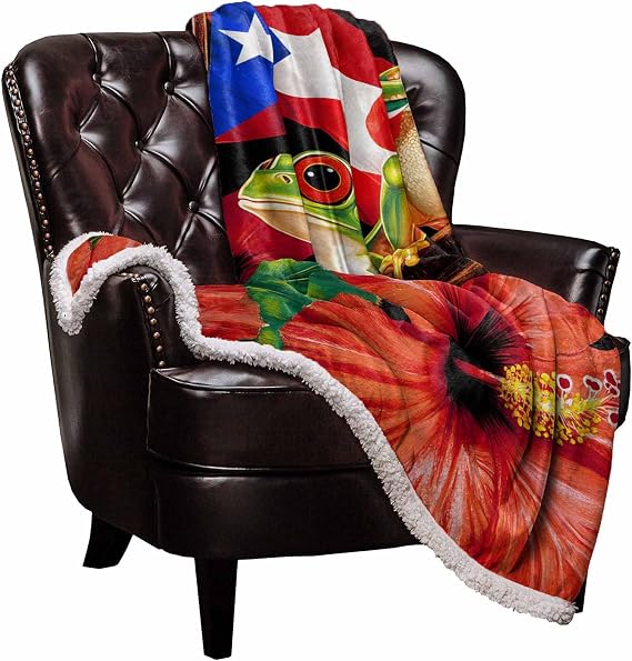 Puetro Rico Flag Sherpa Fleece Blanket, Super Thick and Warm Cozy Luxury Blanket 60"x80", Frog in Flower Puerto Rico Flag Bed Blanket, Reversible Fluffy Plush Microfiber Throw Blanket for Couch