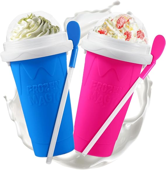 REGNBUE 2 Pack Slushy Maker Cup, Quick Frozen Magic Squeeze Cup for Juice Milk Yogurt Ice Cream Make, DIY Smoothie Cooling Cup with Lid & Straw for Kids Friends Family