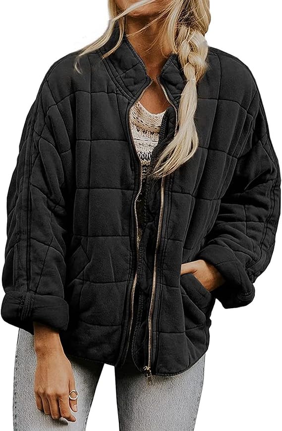 Womens Quilted Puffer Jackets Lightweight Dolman Jacket Zip Up Down Coat Oversized Puffy Casual Fall Winter Outfits