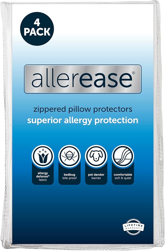 Set of 4 King AllerEase Pillow Protectors - Moisture Wicking, Advanced Allergy Protection - Premium Polyester, Zippered Protectors