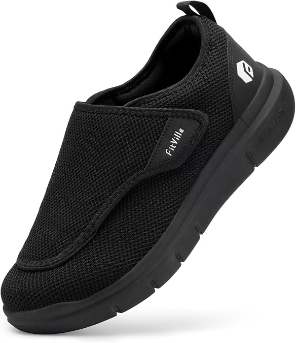 FitVille Mens Extra Wide Fit Diabetic Shoes Easy Slip On Adjustable Orthopedic Slippers for Swollen Feet Elderly Lightweight Walking Shoe