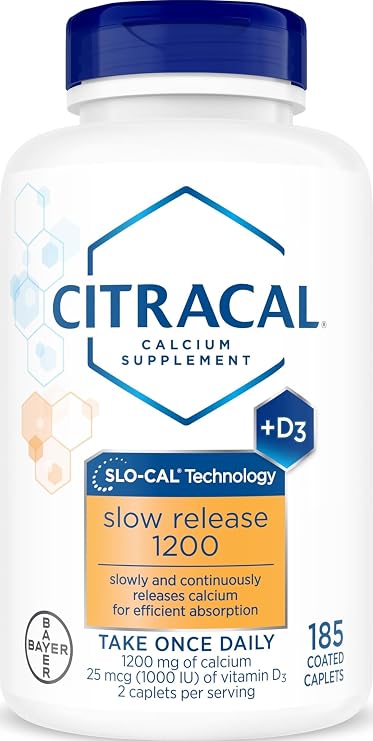 Citracal Slow Release- Calcium 1200 mg with Vitamin D3, Magnesium, Calcium Supplement, Bone Health Support, Take Once Daily Caplet, 185 Count