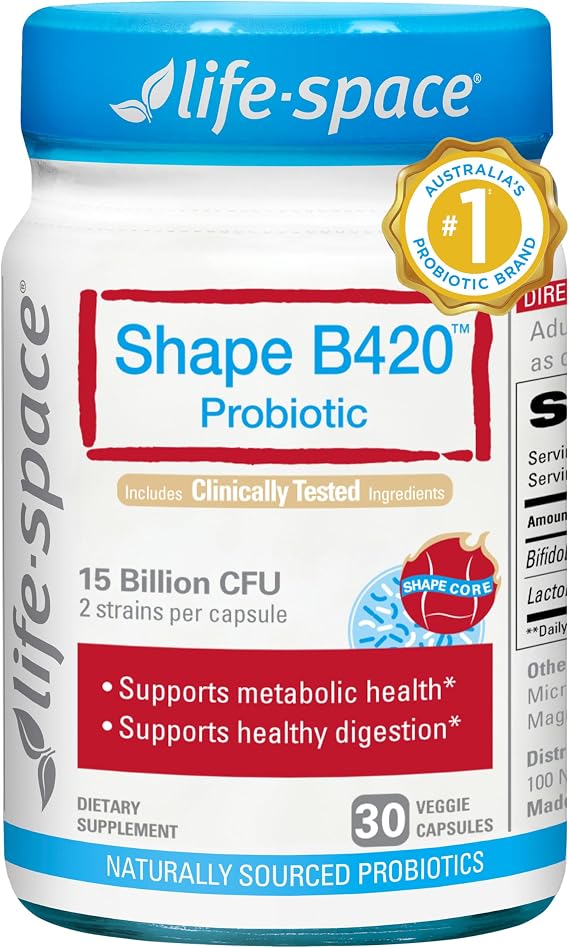 Life-Space Shape B420 Probiotics for Shape Better, GLP-1 Boost, Clinically Backed Metabolism Support, Prebiotic + Probiotics for Women and Men, 30 Vegetarian Capsules