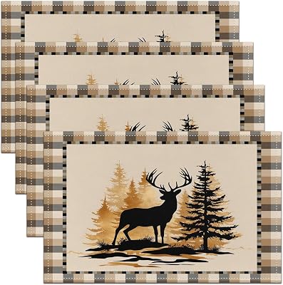 Cute Deer jejeloiu Placemats Antlers Pattern Washable Table Mats Placemat Teens Deer Hunting Wild Aniamls Kitchen Dinner Party Table Mats Western Farmhouse Black Orange Table Place Mats,18x12