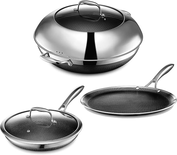 HexClad Hybrid Nonstick 5-Piece Cookware Set, 35 cm Wok with Lid, 25 cm Pan with Lid, and 30 cm Griddle, Stay-Cool Handles, Dishwasher and Oven-Safe, Induction Ready, Compatible with All Cooktops
