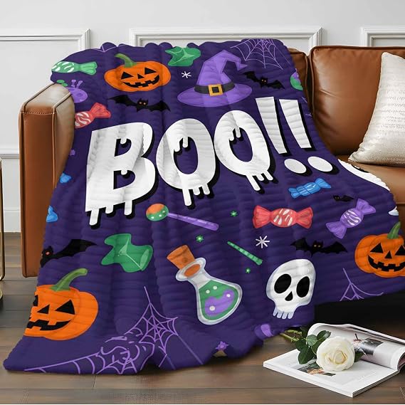 Blue Halloween Fleece Throw Blanket for Couch, Ghost Bat Candy Horror Skull Wizard Hat Microfiber Flannel Blanket for All Season, Lightweight Soft Throw Blankets for Baby, Kids, Pets, 30"x40"