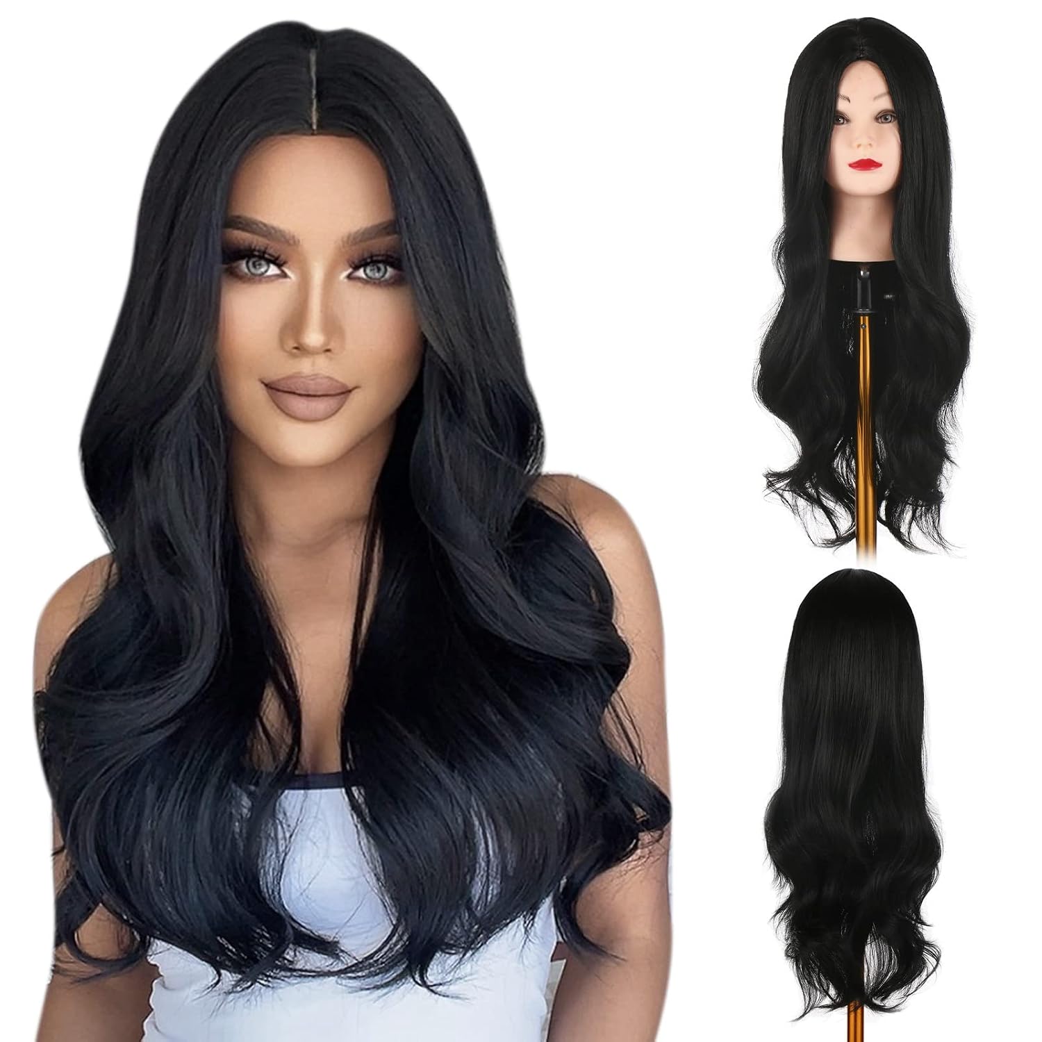Pretfy Black Long Wigs, Long Wavy Black Wigs for Women, Curly Wavy Black Wigs and Natural Synthetic Hair Heat Resistant Wigs for Daily Party Cosplay Use 29 inch