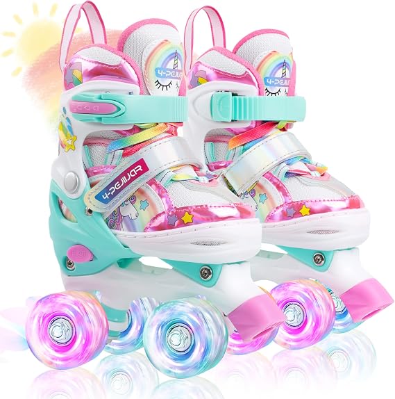 Unicorn Rainbow Kids Roller Skates for Girls Boys Toddler Ages 3-12, Adjustable Beginner Profession Kids Quad Skates, Children's Rollerskates for Birthday Xmas Gifts