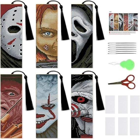 NEGEKFKX 6 Pcs Horror Cross Stitch Bookmark Kit for Adult Beginners