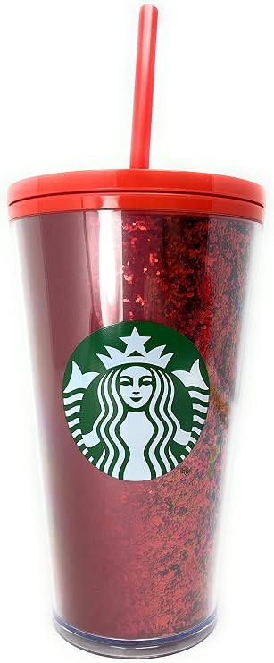 Starbucks 16 oz Holiday Red Glitter and Red Two Tone Fade Insulated Tumbler with Straw