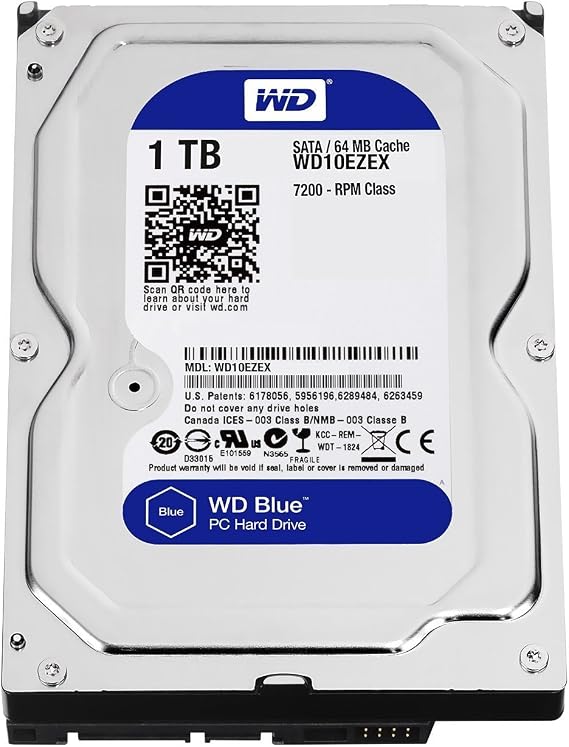 Western Digital(WD) BLUE Deskptop 1TB( 1Terabyte) 3.5"Hard Disk Drive, 5400~7200RPM, SATA3 ( 6.0GB/s), 64MB Cache, IDEAL for PC/Mac/CCTV/NAS/DVR/Raid and SATA Applications, (Blue)