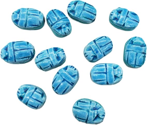 Egyptian Scarab Beads Set of 12 Small - Vertical Drilled - Light Blue Hand-Carved Soapstone - Ancient Egypt Hieroglyphs - Made in Egypt