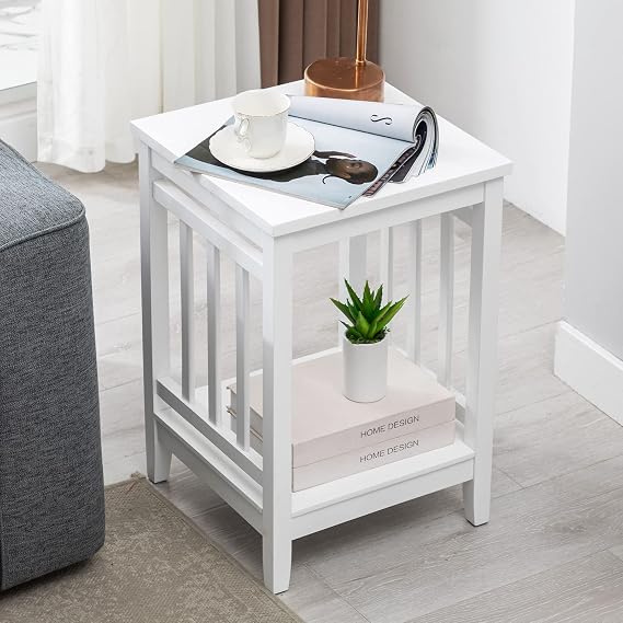 DUHOME Farmhouse End Table, Wood Side Table with Storage Shelf Bedside Nightstand Square Sofa Table for Living Room Bedroom, White