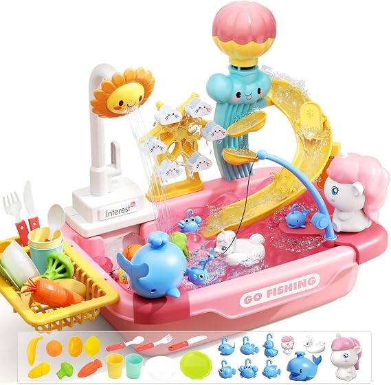 CUTE STONE Play Kitchen Sink with Running Water, Toddler Play Sink for Kids, Toy Sink with Electric Faucet, Fishing Game, Pretend Dishwasher, Water Table Toys & Kitchen Accessories for Girls